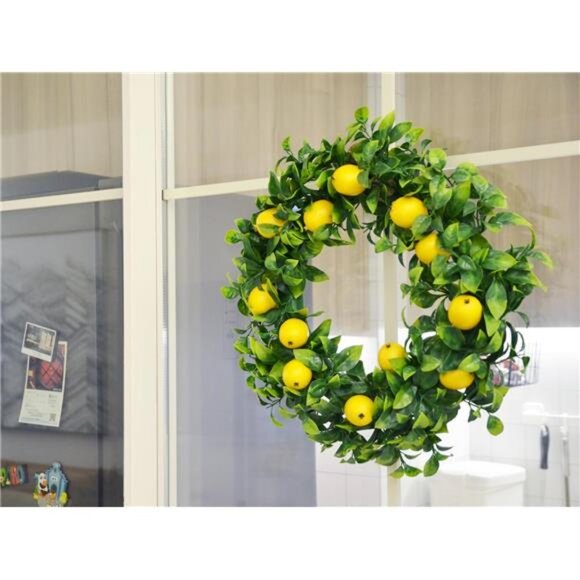 Lemon Wreath for Front Door, 15 Inch Artificial Door Wreath with Boxwood - Picture 5 of 7